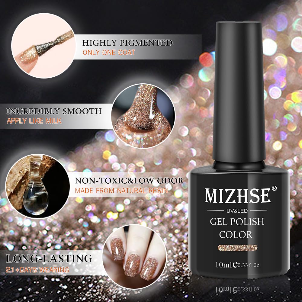 MIZHSE Reflective Gel Nail Polish, Glitter Gold Gel Polish, Sparkly Shiny Nail Effect Soak Off Nail Art Varnish for Beginners DIY at Home