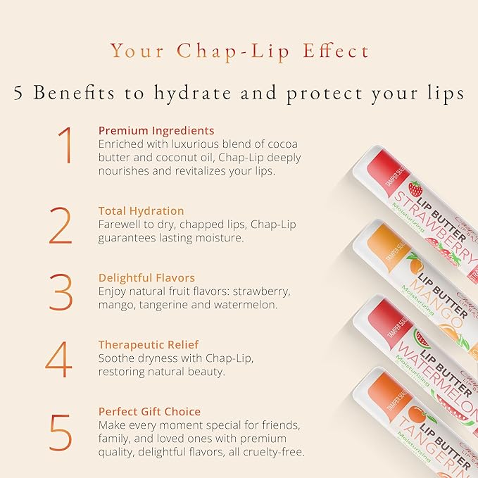 CHAP-LIP Original Lip Balm Hydrating Bulk Chap Stick with Fruit Flavors, Coconut Oil, and Cocoa Butter - Lip Therapy Pack for Men and Women - Gift Set Made in the USA, 60 Pack