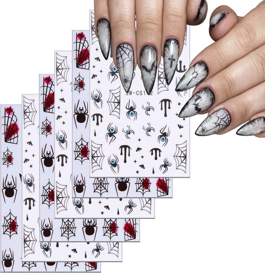 6 Sheets Halloween Nail Art Stickers 3D Self -Adhesive Blood Spider Web Nail Decals Holographic Black Blue Spider Blood Drops Nail Stickers Halloween Nail Decoration for Women Manicure Supplies
