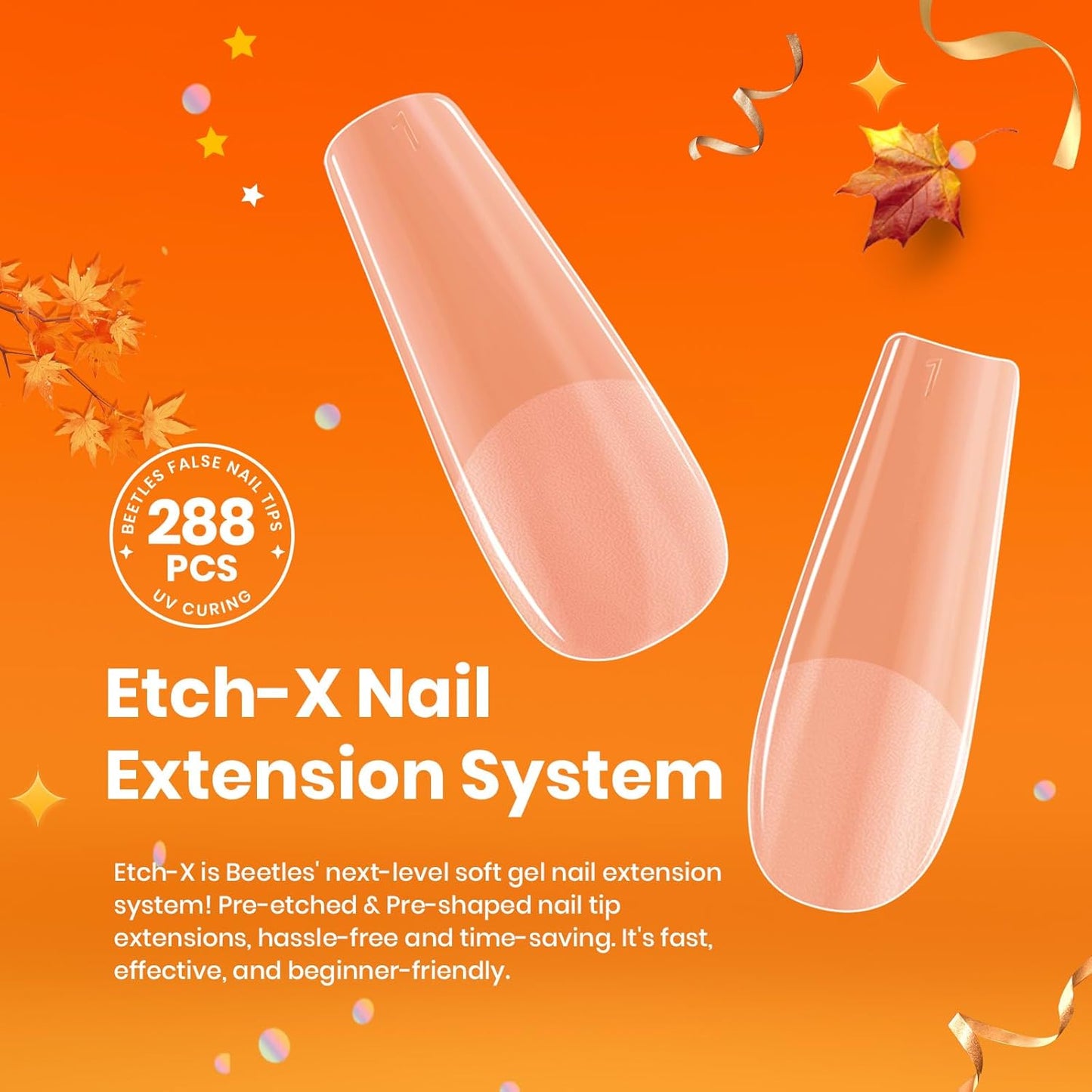 Beetles Gel Nail Tips Etch-X, Square Medium, 288Pcs 12 Sizes, Pre-Etched Half Matte Soft Acrylic False Nail Tips Full Cover Easy DIY Fake Press On Fall Nail Extension Salon Gift for Women