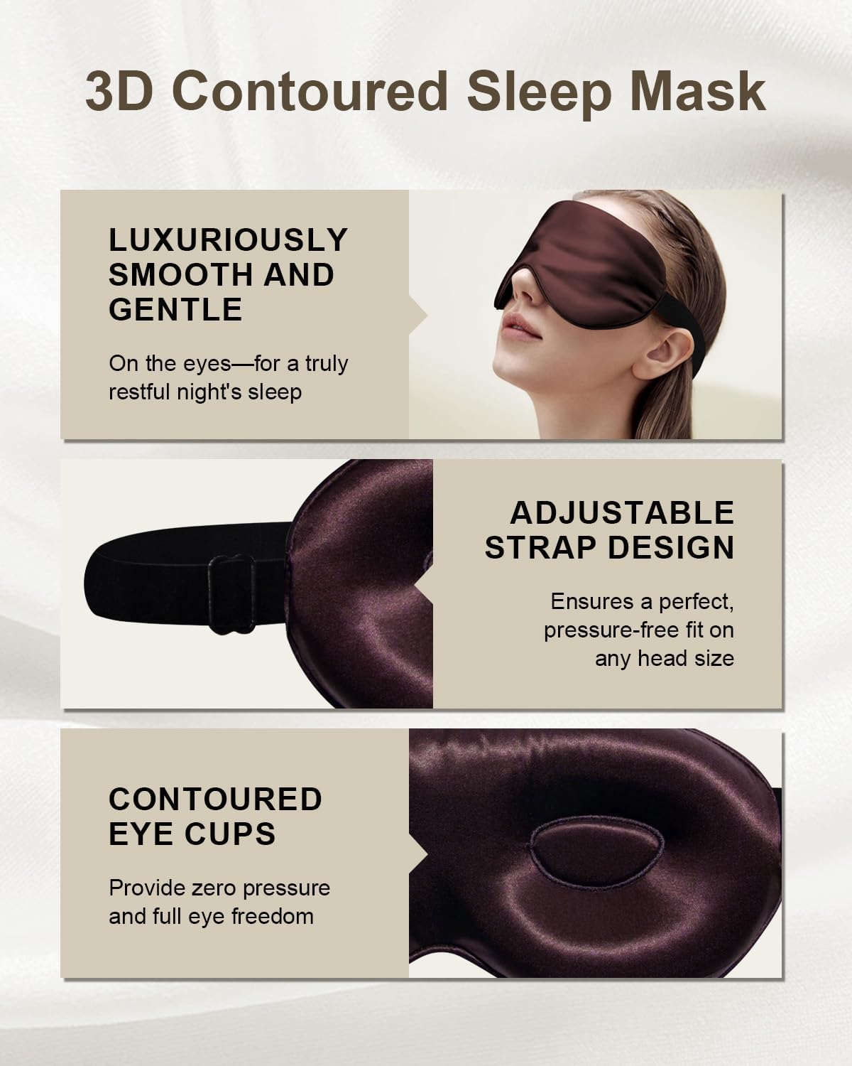 Luxury 22 Momme 100% Mulberry Silk Sleep Mask – 3D Eye Mask with Adjustable Strap, Gentle on Skin and Eyes, Provides Complete Light Blockage for Deep Sleep (Burgundy, Adjustable)