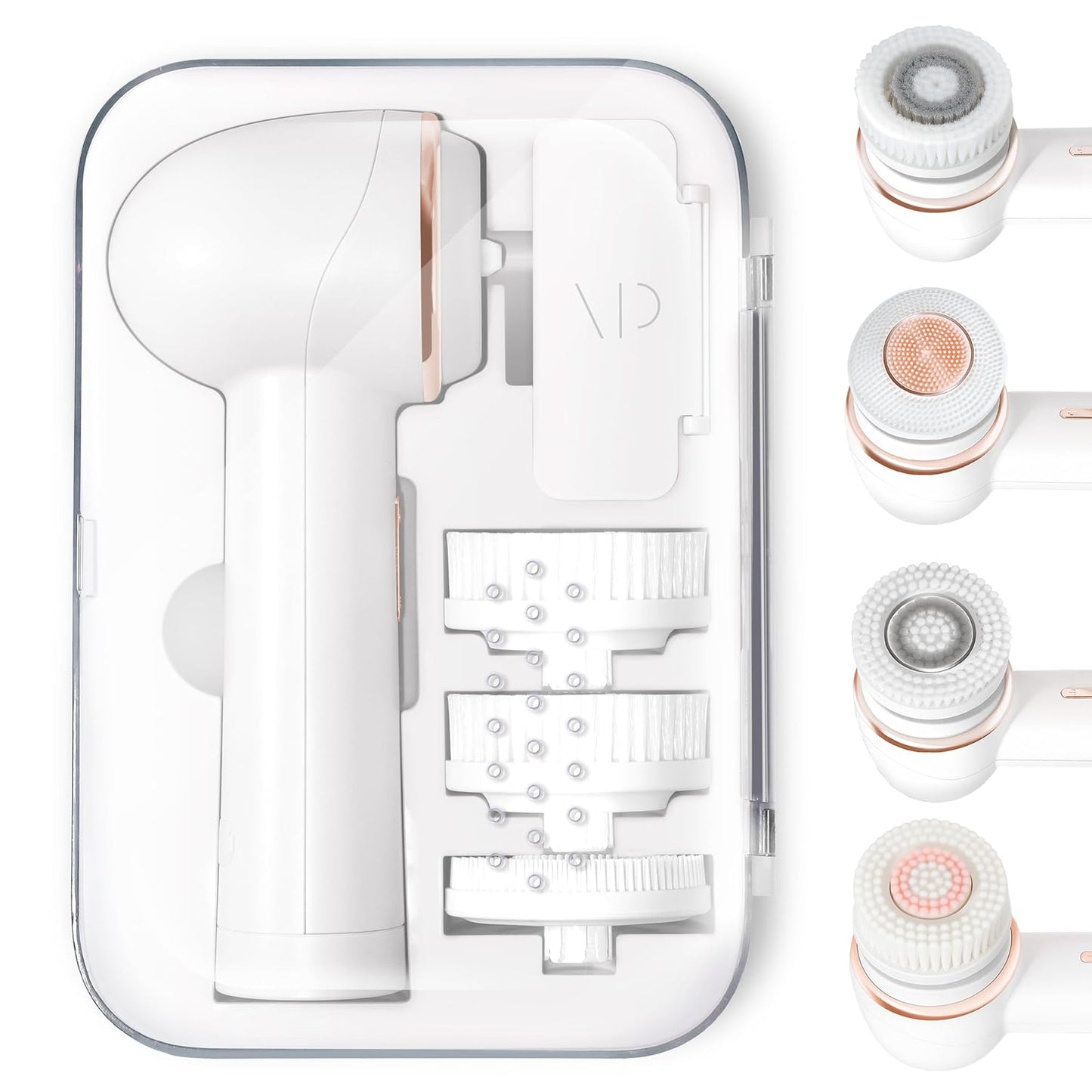 Vanity Planet Raedia 2.0 Facial Cleansing Brush, 4 Interchangeable Brush Heads, White - Daily Cleansing Face Exfoliator for Glowing & Acne Prone Skin - Lightweight Silicone Water-Resistant Body Brush