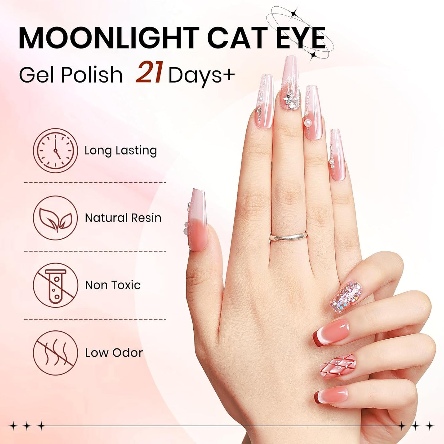 Moonlight Crystal Cat Eye Gel Polish, 15ml Peach Pink Glass Cateye Gel Nail Polish with Magnet Jelly Glitter Gel Polish Soak Off U V Gel Salon DIY at Home