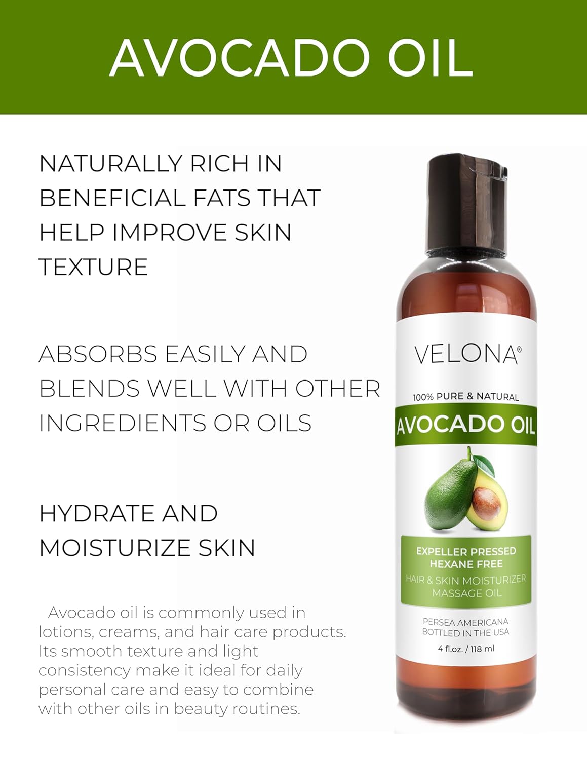 velona Avocado Oil 4 Fl Oz | 100% Pure and Natural Carrier Oil | Expeller-Pressed | Hair, Body and Skin Care | Use Today - Enjoy Results