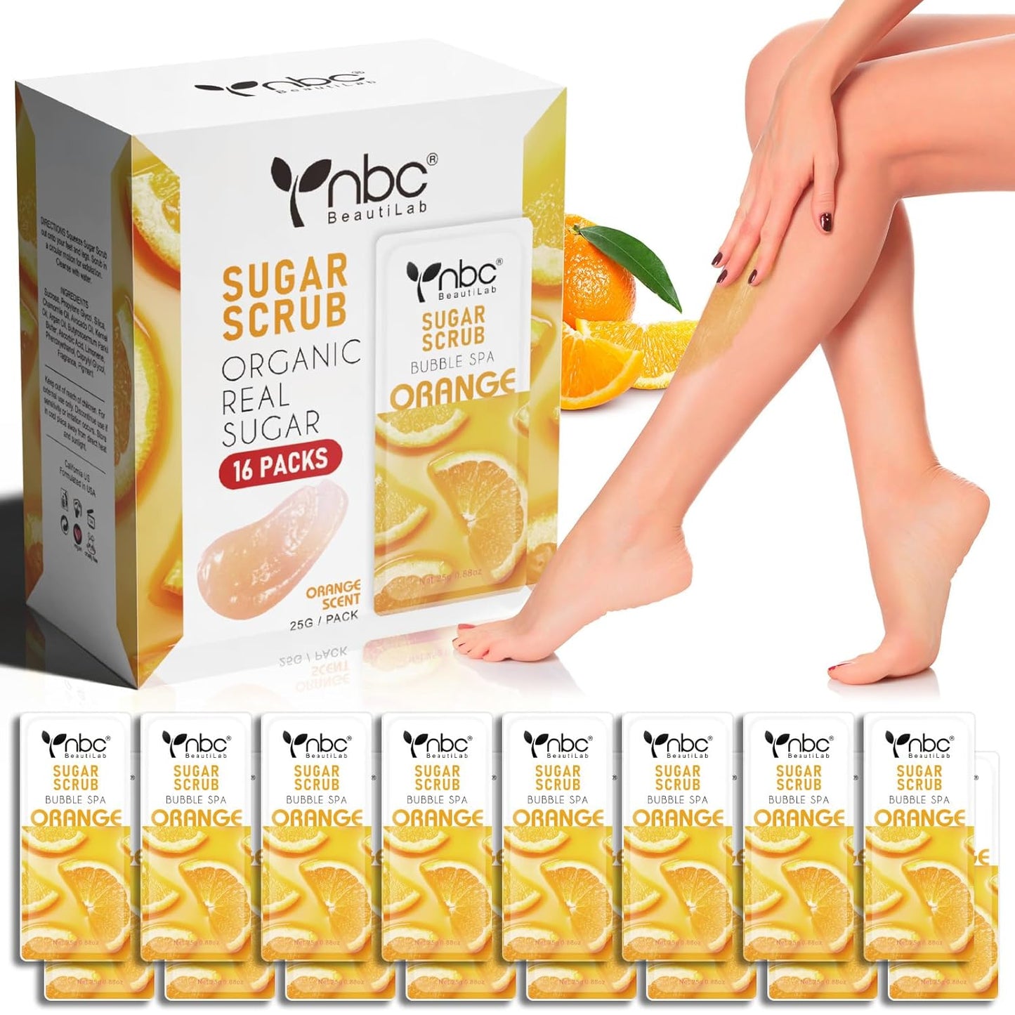 Foot Exfoliating, Sugar Scrub, Dead Skin Remover for Feet, Individually Packaged Foot Scrub Smooths, Hydrates, Detoxifies Tired and Dry Cracked Feet 16 Packs per Box,Orange scent