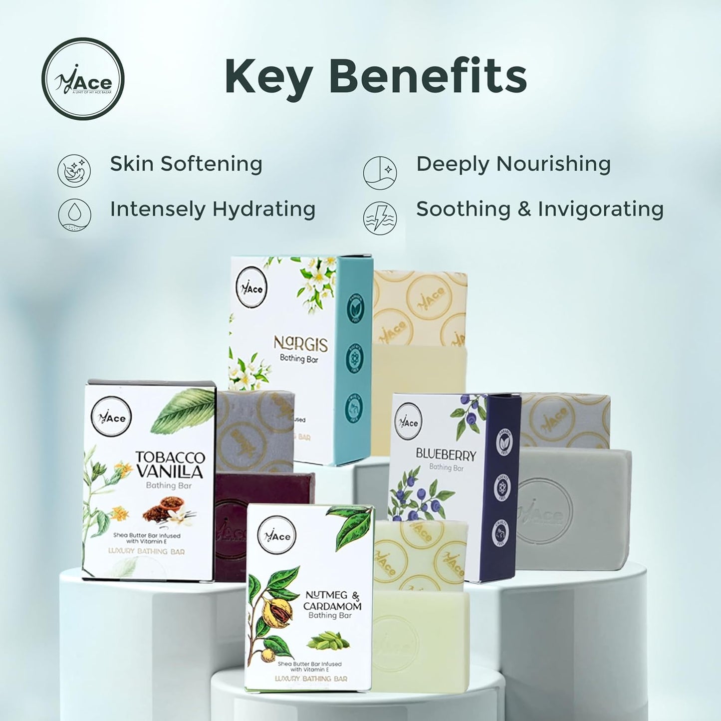 MY ACE Handmade Soap Set – 4 Bathing Bars: Nutmeg & Cardamom, Tobacco Vanilla, Blueberry & Nargis – SLES & Paraben-Free, Coconut Oil, Shea Butter & Vitamin E – Gentle & Moisturizing, 3.5 oz Each