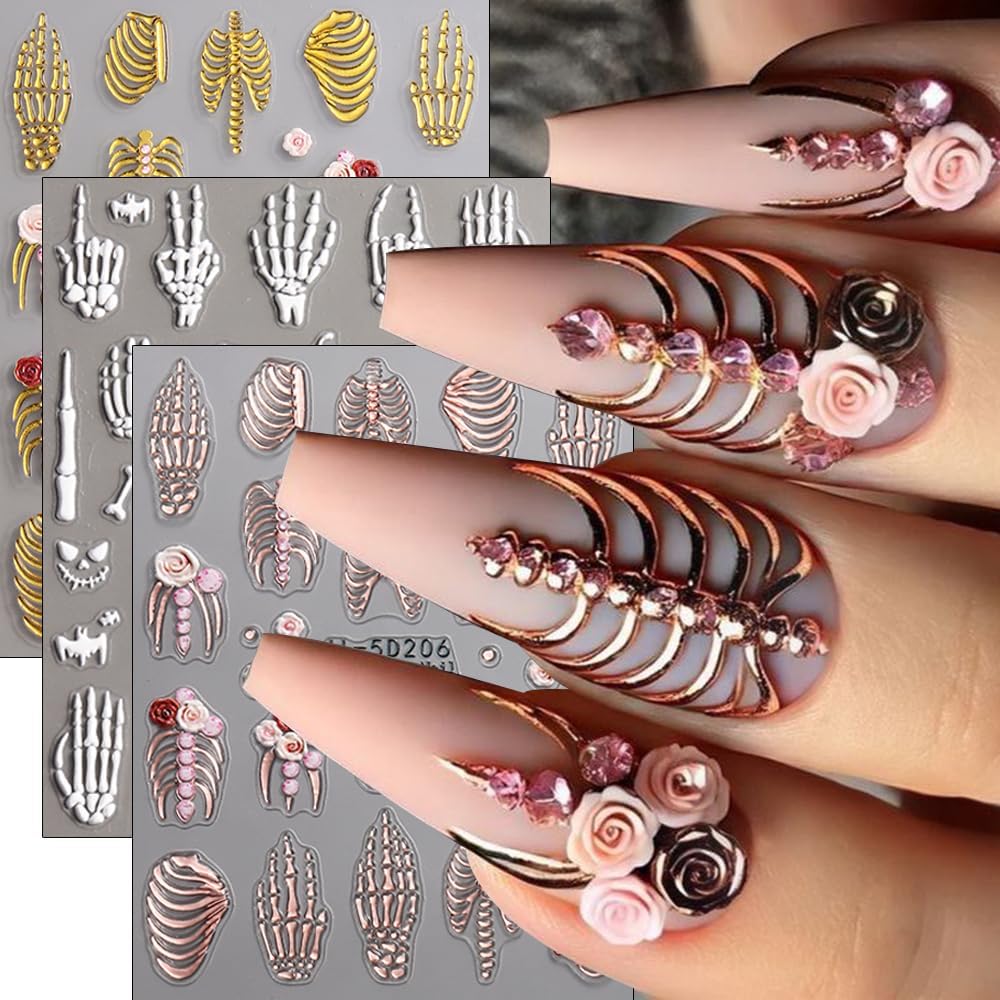 3Pcs Halloween Nail Art Sticker 5D Embossed White Claw Skull Nail Decals Gold Rose Gold Skeleton Nail Stickers 3D Self-Adhesive Hand Bone Nail Supplies Holiday Nails Accessories for Women DIY Manicure