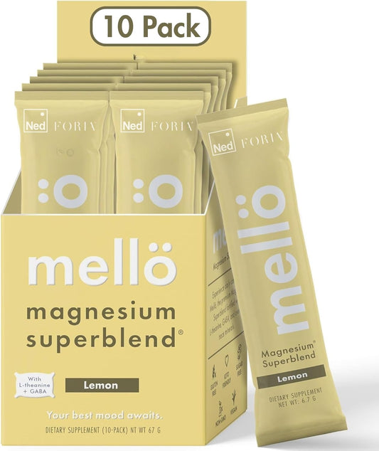 mellö Magnesium Supplement Superblend Powder - Magnesium Glycinate with L-Theanine, GABA, and Trace Minerals - Supports Sleep, Relaxation, and Balanced Energy - Lemon Flavor, 10-Pack, Singles