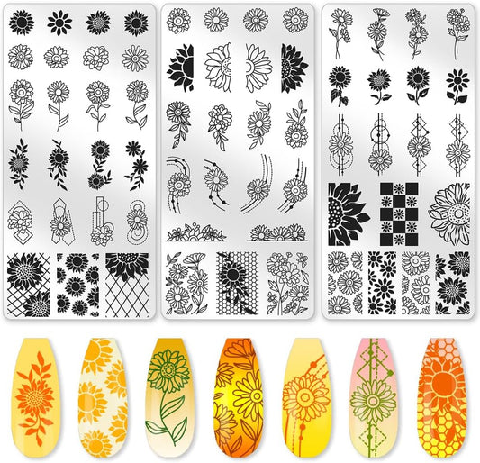 3Pcs Nail Stamping Plate Set Sunflower Nail Stamping Templates French Line Tip Nail Plates Floral Leaves Stainless Steel DIY Reusable Tools with Stamper Scraper for Manicure Printing