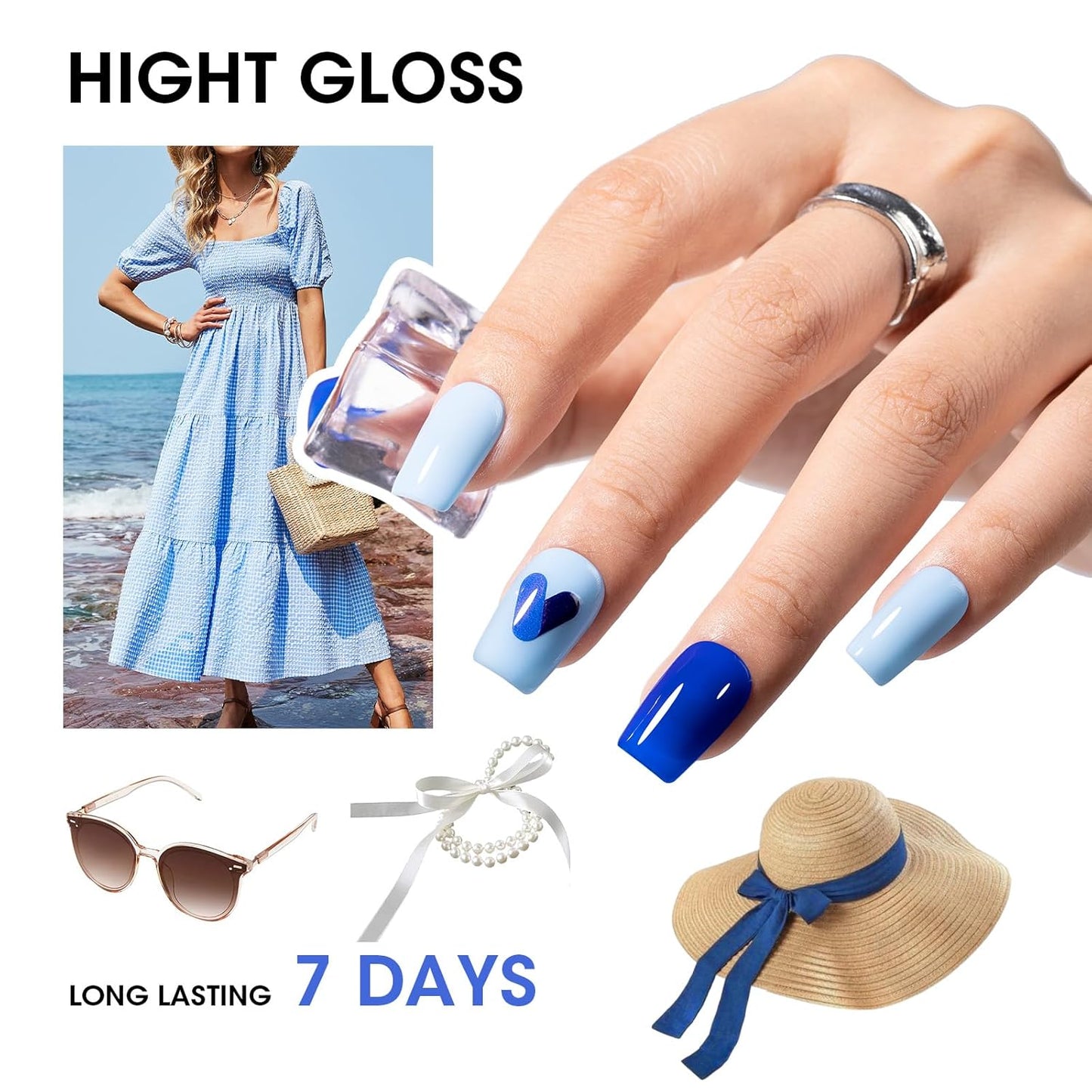 GELLEN Blue Nail Polish, Bright Navy Royal Baby Ocean Cobalt Blue White 6 Colors Set, insta Air Dry Natural Traditional Regular Nail Polish for Acrylic Natural Nails Salon Home, Non UV Gel, Hema Free