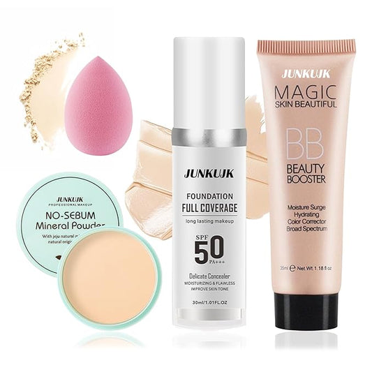 Color Changing Foundation Set,Full Coverage Foundation Liquid Foundation Makeup Gift Set,Moisturizing BB Cream for Women,Flawless Loose Setting Powder Face Primer Base Makeup Kit With Makeup Sponge