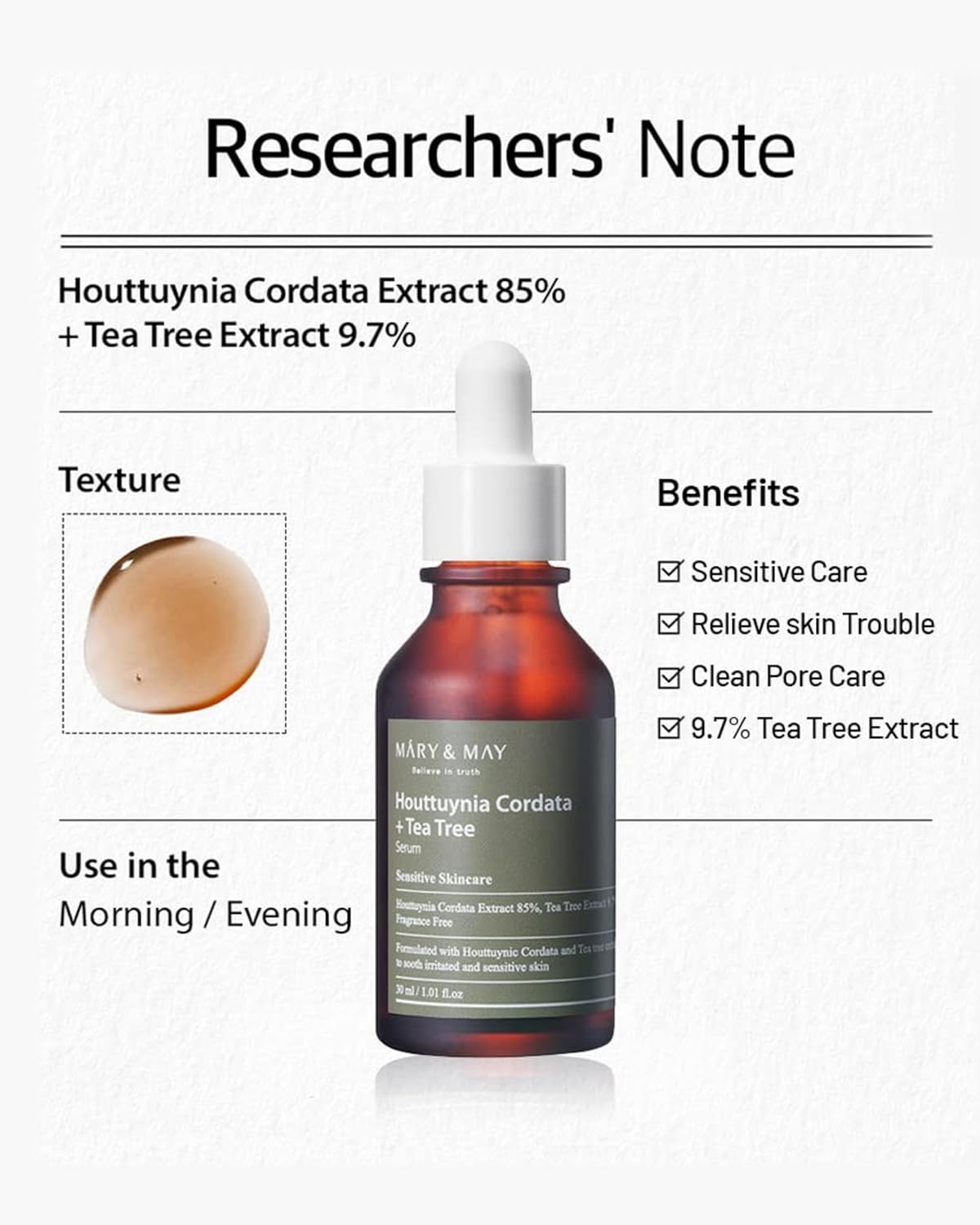 Mary&May Houttuynia Cordata + Tea Tree Serum - Effective Pore Clearing and Acne Treatment Face Serum - Non-Sticky Formula for Improved Skin Barrier and Calm Skin - Fragrance Free, 1.01 fl.oz.
