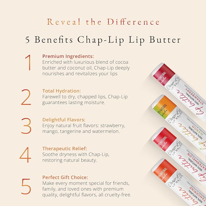 CHAP-LIP 100% All Natural Lip Balm Hydrating Bulk Chap Stick with Fruit Flavors, Coconut Oil, and Cocoa Butter - Lip Therapy Pack for Men and Women - Gift Set Made in the USA, 60 Pack