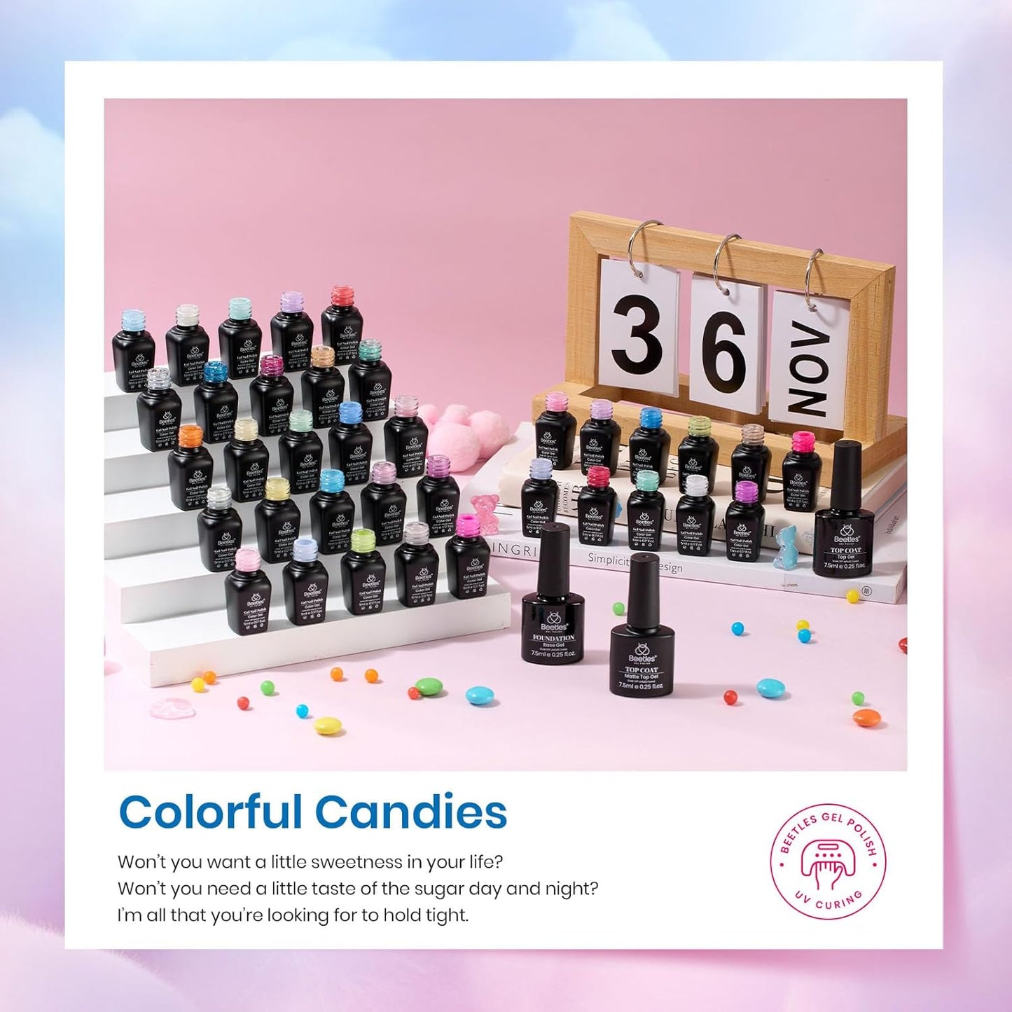 beetles Gel Polish Set - 39Pcs Neon Gel Nail Polish Pink Red Blue Purple Polish All Season Nails with Base Top Coat Soak off Uv LED Lamp Colorful Candies Manicure Kit DIY Home Gifts for Women Girls