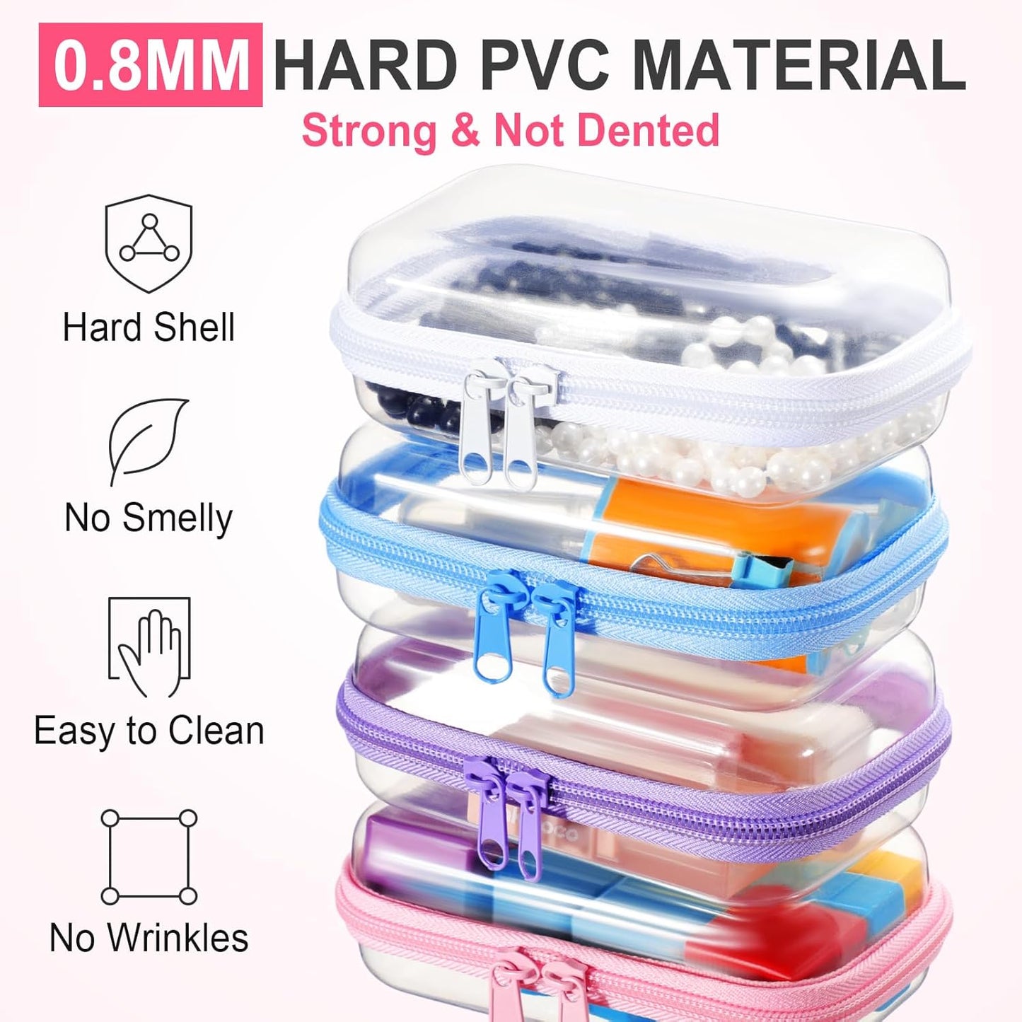 Hoolerry 4 Pcs Hard Clear Zipper Case Makeup Bags Plastic Pencil Pouch Transparent Storage Box Containers for Cosmetics, Snacks, Building Blocks, Puzzles(Multicolor,5 x 3 x 2 in)