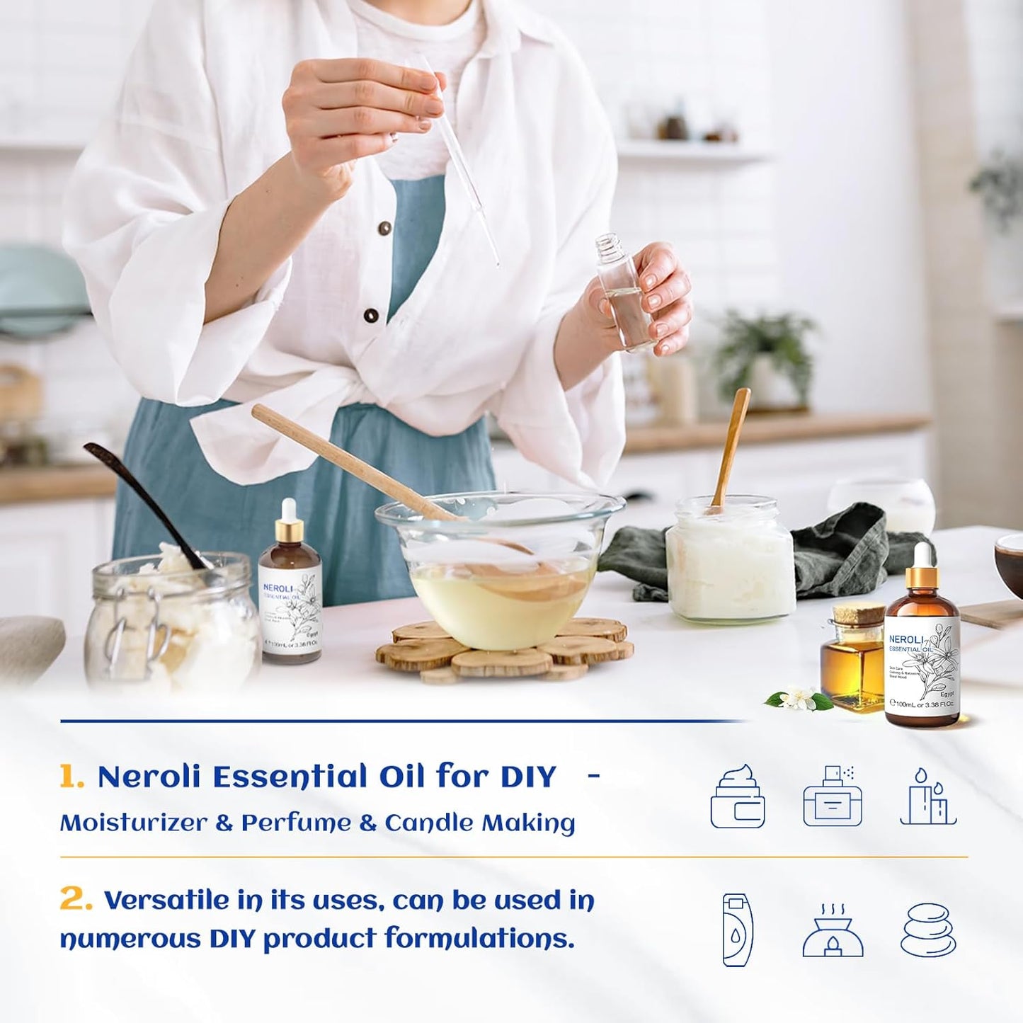 HIQILI Neroli Essential Oil 3.38 Fl Oz, Pure Natural Neroli Oil for Skin, Diffuser, Includes 10ML Travel Bottle - 100ML