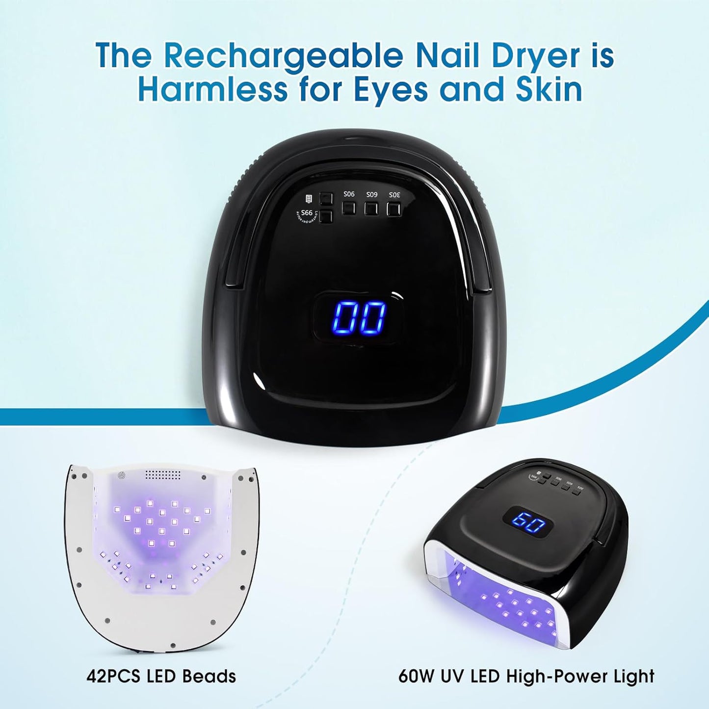 60W Rechargeable LED Nail Lamp, Cordless Gel Lamp with Portable Handle & 42pcs Lamp Beads, Automatic Sensor UV LED Nail Dryer, 4 Timers Professional UV Light for Gel Nails