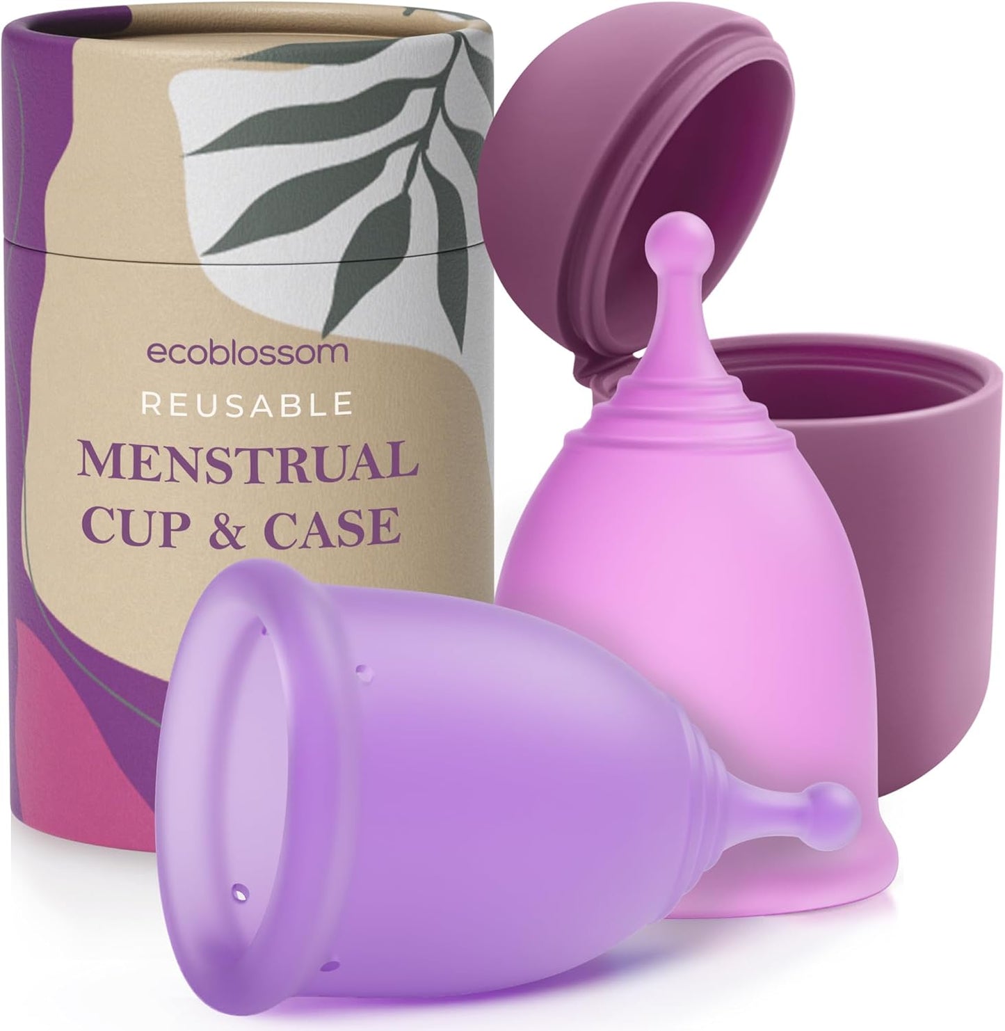 EcoBlossom Reusable Menstrual Cup and Case - The Most Reliable Medical Grade Silicone Period Cups - Comfortably use for 12 Hours (Small (Pack of 2), Round Stem & Case)
