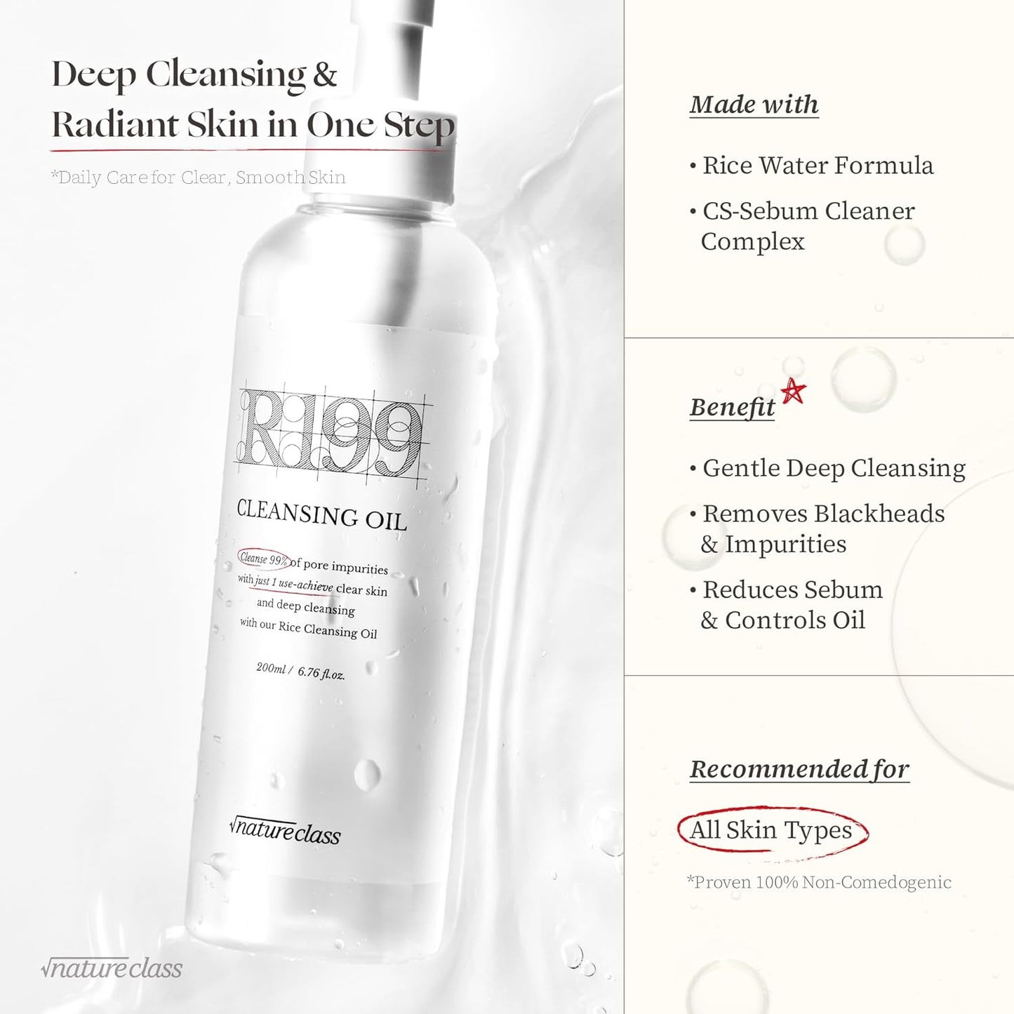 R199 Rice Cleansing Oil- Fast Emulsification, Pore-Cleansing, Blackhead Removal without Clogging Pores, Makeup Dissolving, and Hydrating Formula, Korean Skincare 6.76 Fl Oz
