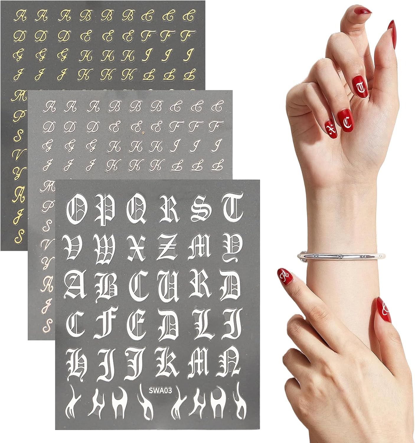 18 PCS Retro English Letters Nail Stickers, 3D Self-Adhesive Black White Gold Silver Design Nail Decals, Nails Stickers for Women DIY Nails Art Manicure Decoration