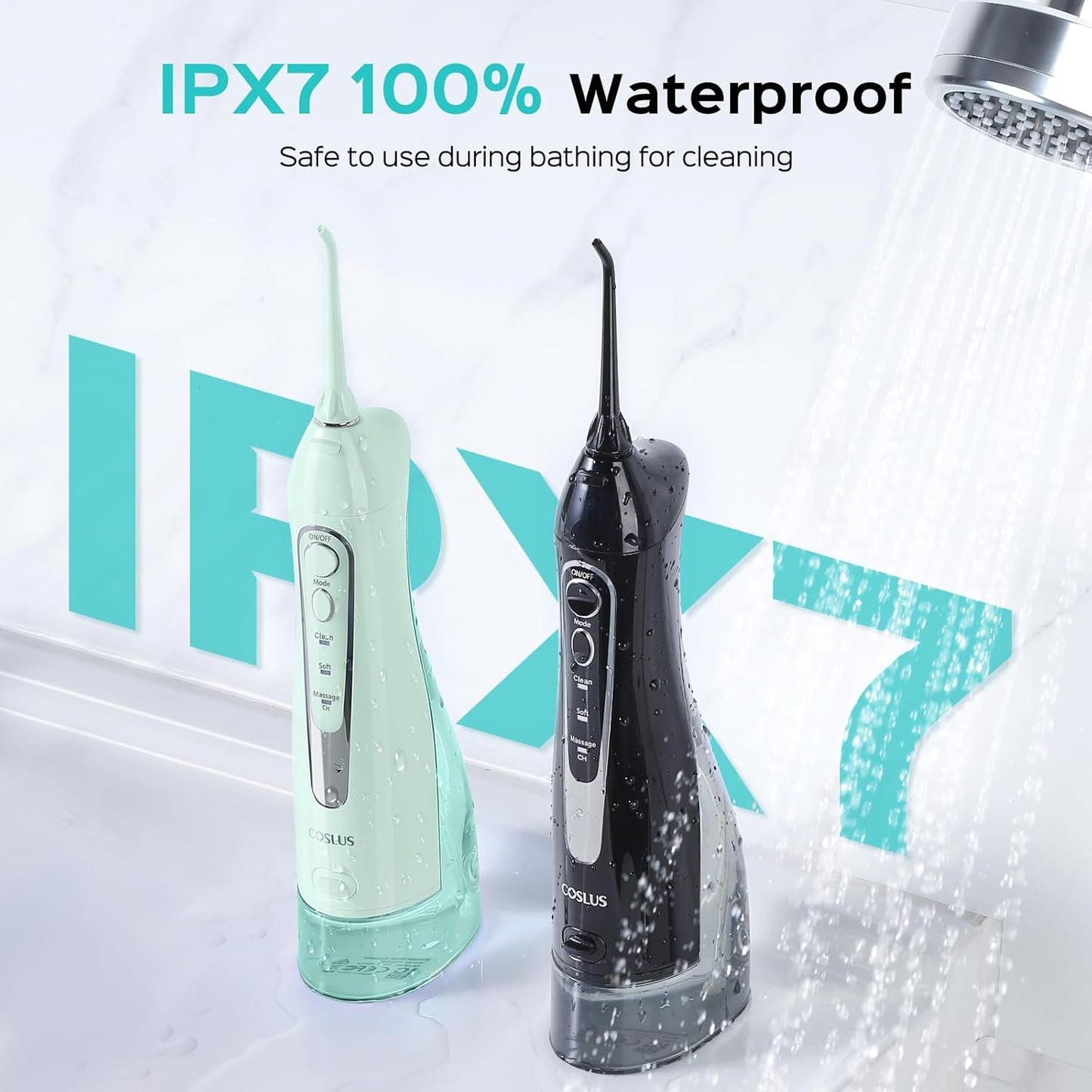 COSLUS 2 Pack Cordless Water Flosser with Elegant Packaging for Teeth, Braces, Gums Care - Easy to Use, Rechargeable, Waterproof, Portable for Travel, BPA-Free, Black & Green, C20(F5020E)