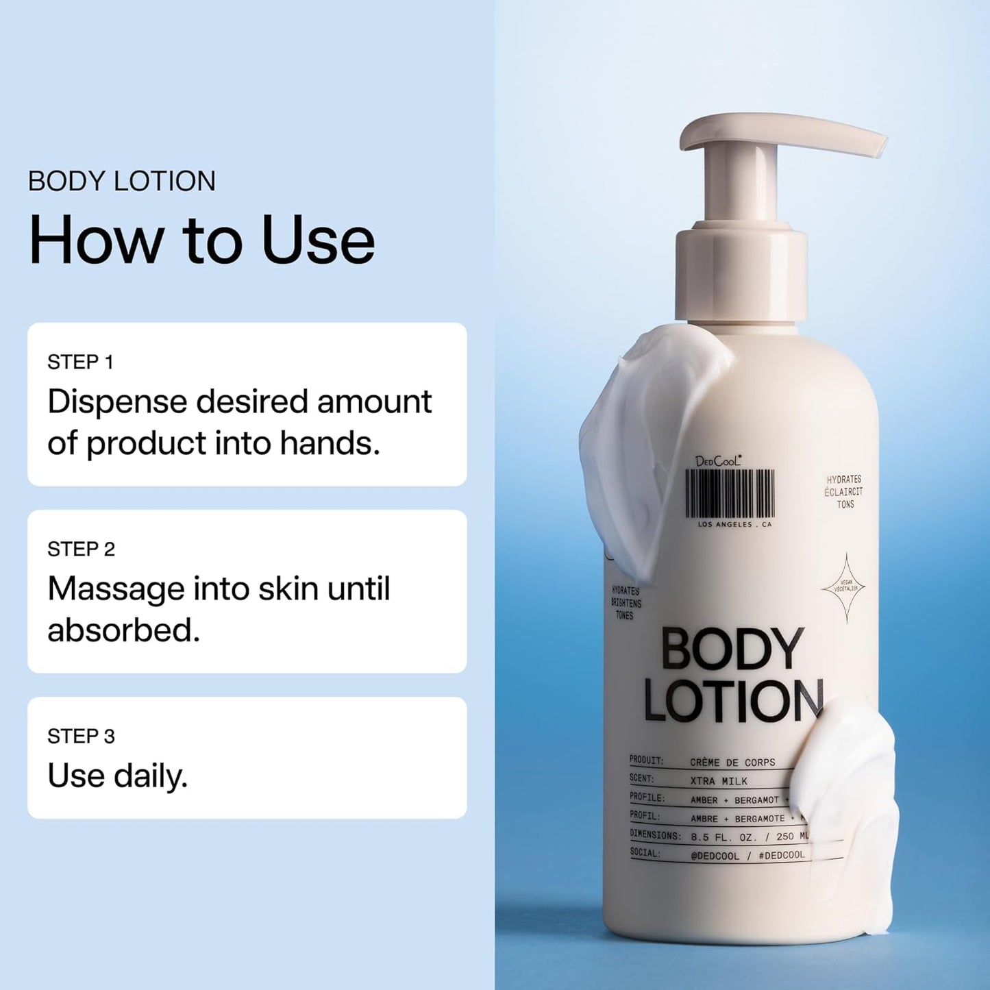 DedCool Body Lotion | Xtra Milk | Deeply Hydrating Lightweight Formula with Ceramides, Snow Mushroom & Meadowfoam Oil | Soft Musk, Bergamot & Amber Scent | Non-Toxic, Vegan Skincare | 8.5 fl oz