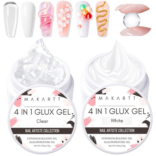 Makartt 3D Gel Nail Art: 4-in-1 Clear & White Solid Gel Builder Non-sticky for Extension 3D Sculpting Nail, UV Glue for Acrylic Nails, Rhinestones & Sculpture Hard Gels for Nails UV/LED Lamp Required