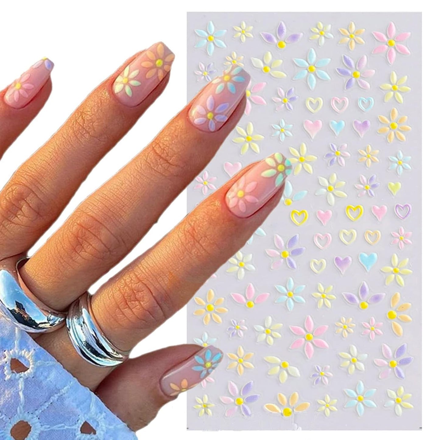 TailaiMei Flower Nail Art Stickers, 5D Embossed Colorful Spring Daisy Nail Decals, Self-Adhesive Design for DIY Decoration (3 Sheets)