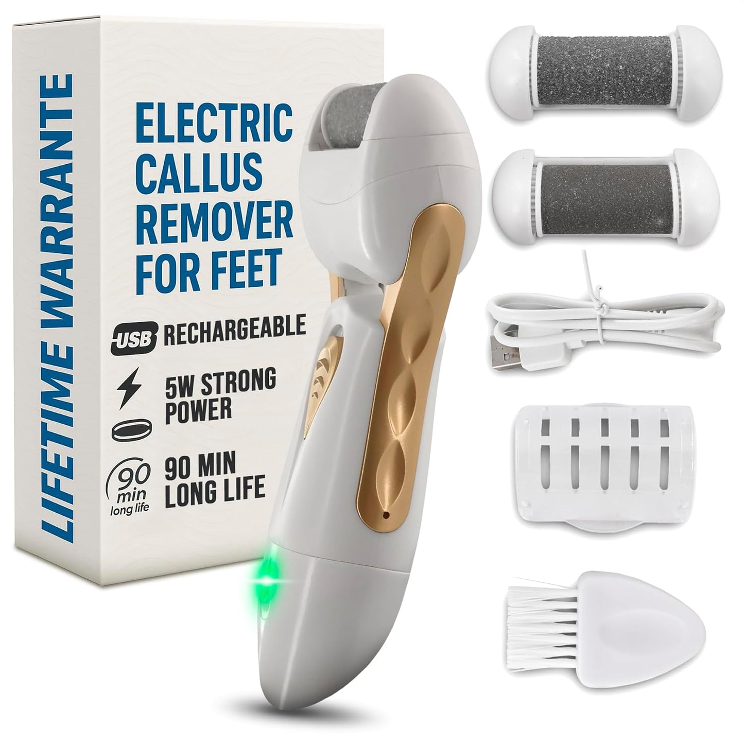 Electric Callus Remover for Feet – 5W Electric Foot Filer, 90-Min Runtime Foot Sander with Fast 2H Charge & 3 Replacement Rollers – Hard Skin Remover for Feet with Ergonomic Handle for Easy Grip