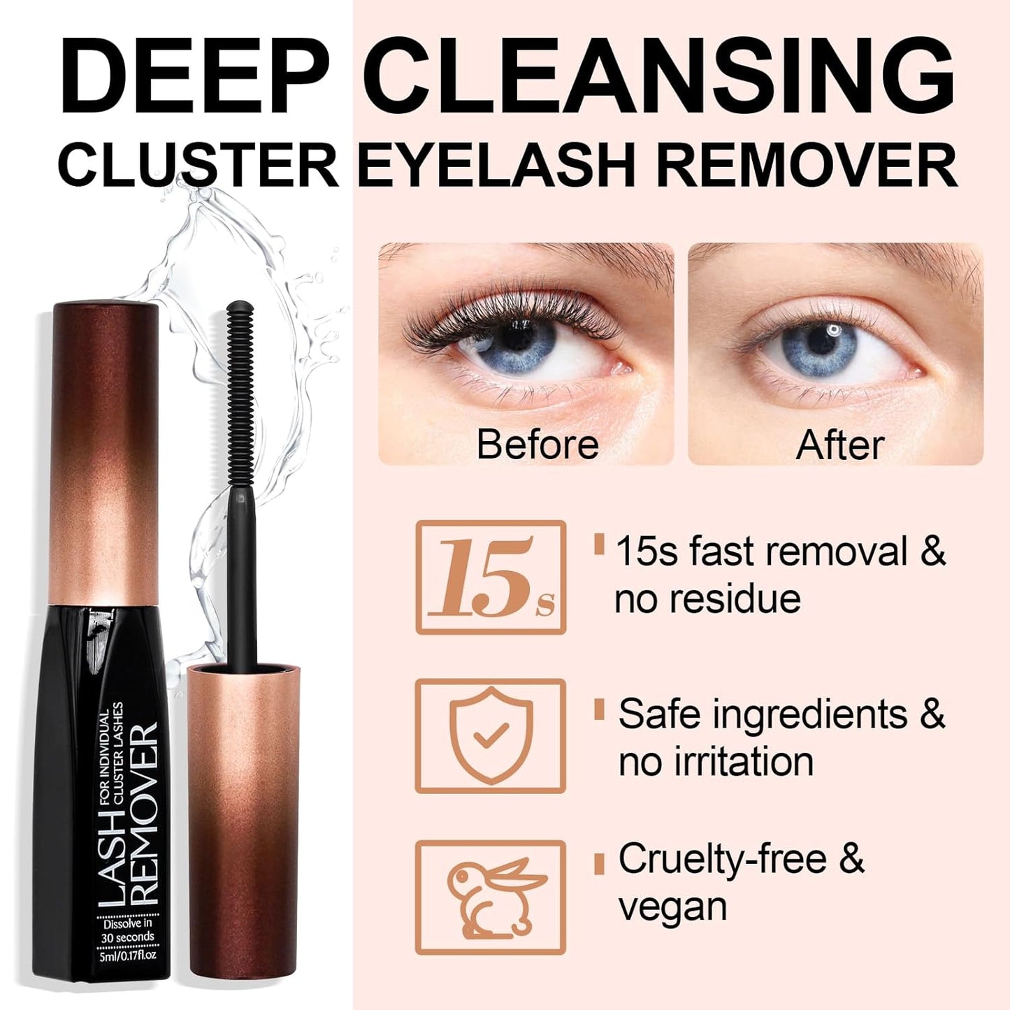 Deep Cleansing Cluster Lash Remover, Eyelash Glue Remover for Individual False Lashes, 15s Fast Removal, Safe Ingredients, Cruelty-Free, 0.17 fl oz