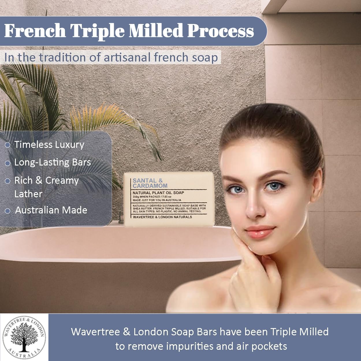 Wavertree & London Santal & Cardamon Scented 100% Natural Soap Bar, 7oz Moisturizing French Triple Milled Soap Bar for Women & Men enriched with shea butter - Pure Bath & Body soap bar