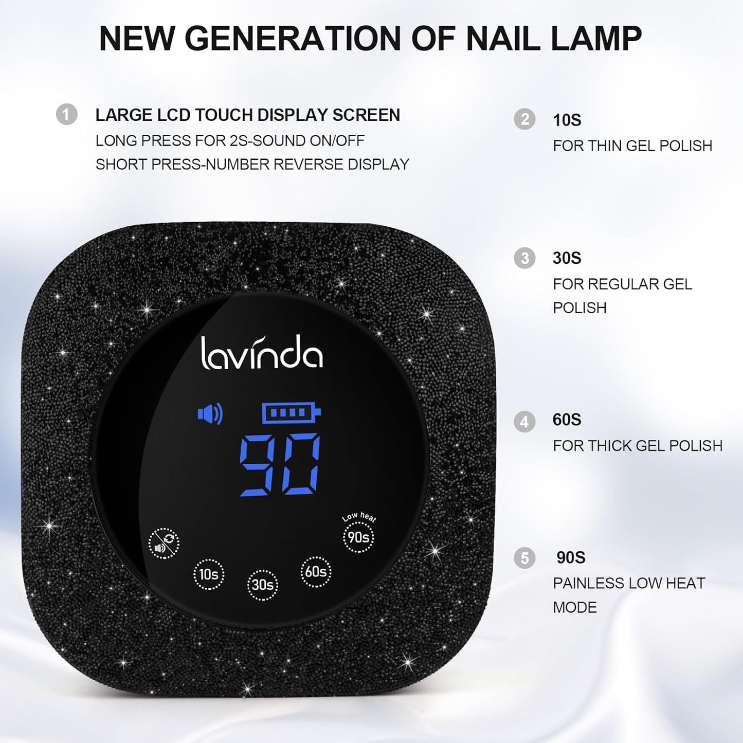 Lavinda 54W UV Nail Lamp, UV Light for Gel Nails, Cordless Rechargeable UV LED Nail Lamp Nail Light with 4 Timer and LCD Display, Professional Fast Curing Lamp Nail Dryer with Black Rhinestone