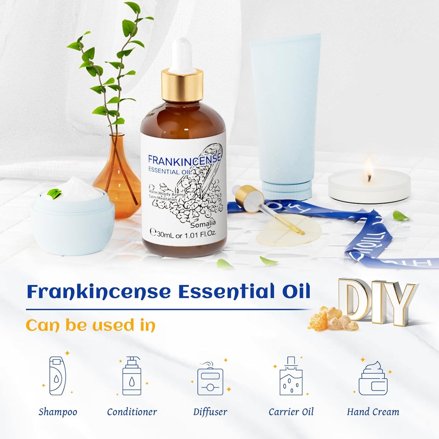 HIQILI 30ML Frankincense Essential Oil, Relaxing, Skin Care, Camp Atmosphere Creation, Can be Added to Body Lotions, Creams, Aromatherapy Use - 1 Fl Oz