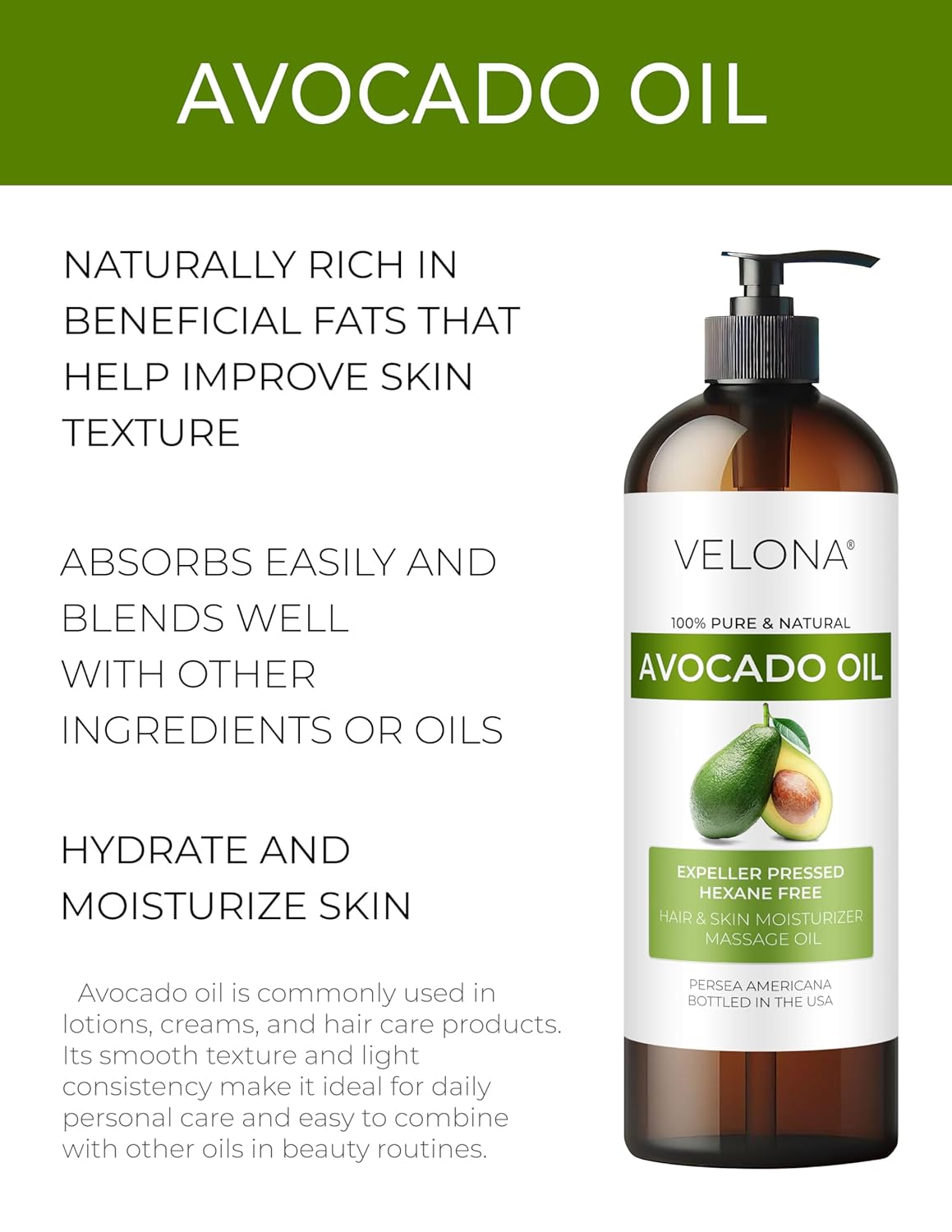 velona Avocado Oil 8 Fl Oz | 100% Pure and Natural Carrier Oil | Expeller-Pressed | Hair, Body and Skin Care | Use Today - Enjoy Results