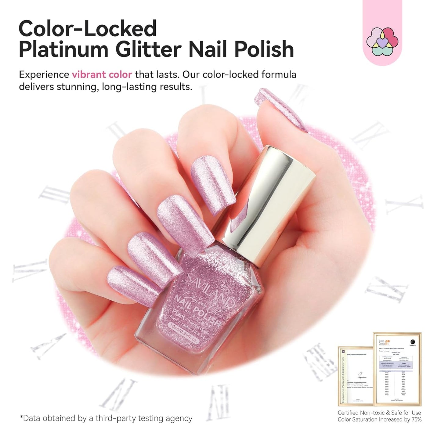 SAVILAND Color Artistry Rose Gold Glitter Nail Polish - 7 Days Shimmer Air Quick Dry Holographic Fingernail Polish, Sparkle Pink High Glossy Home DIY Manicure Gift for Women