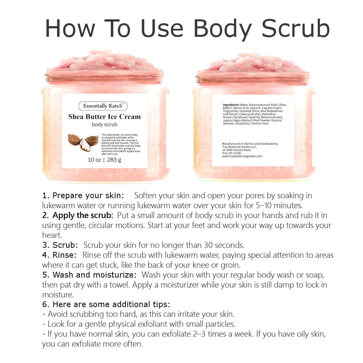 Shea Butter Ice Cream Body & Foot Scrubs 10 Oz - a Soft Serve Texture with a Nice soothing and Moisturizing Effect. Scent is Beautiful - The best stocking stuffer.