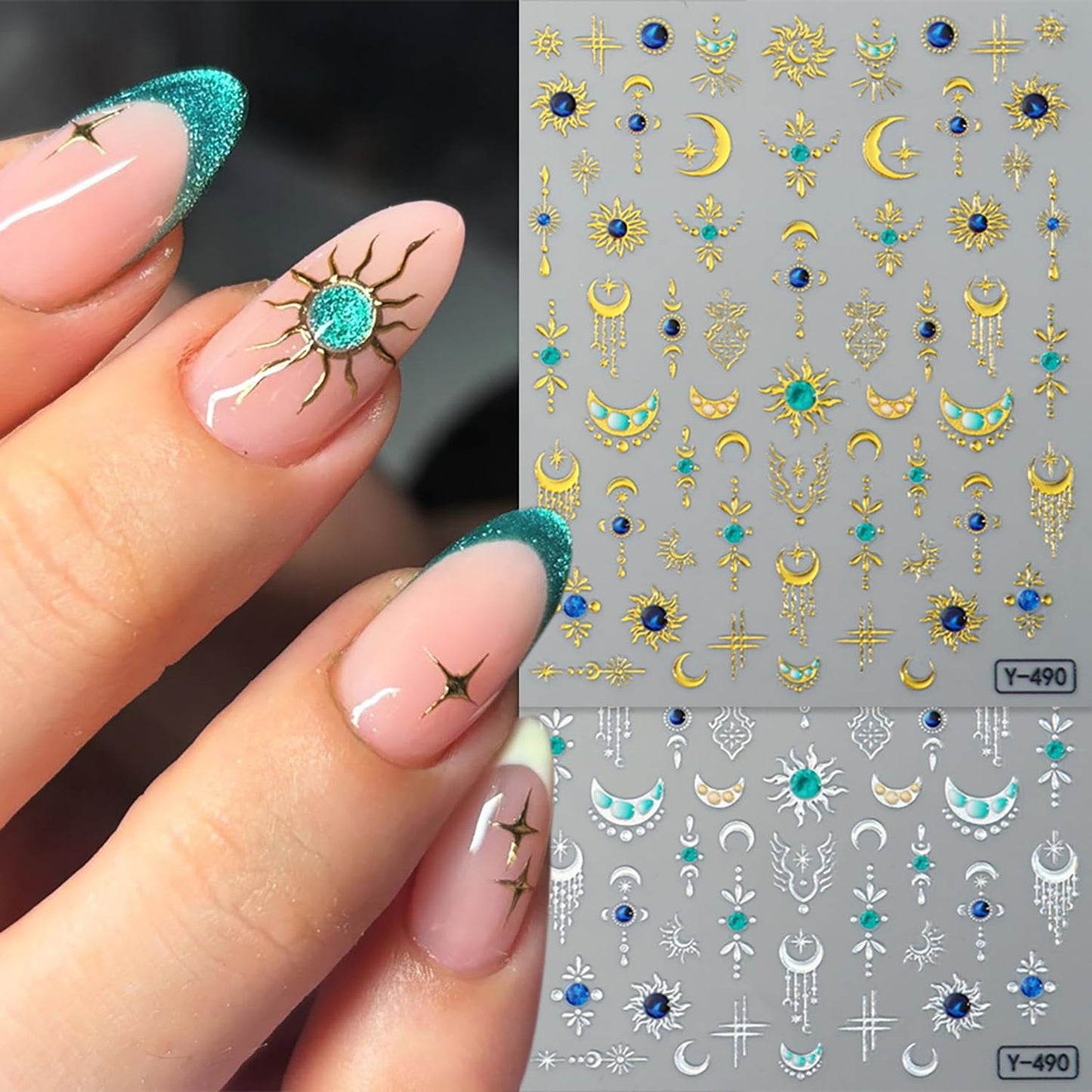 6 Sheets Hot Stamping Gold & Silver Star Nail Art Stickers 3D Self -Adhesive Moon Stars Nail Decals Holographic Pendant Vintage Moon Nail Stickers Unique Nail Decoration for Women Manicure Supplies