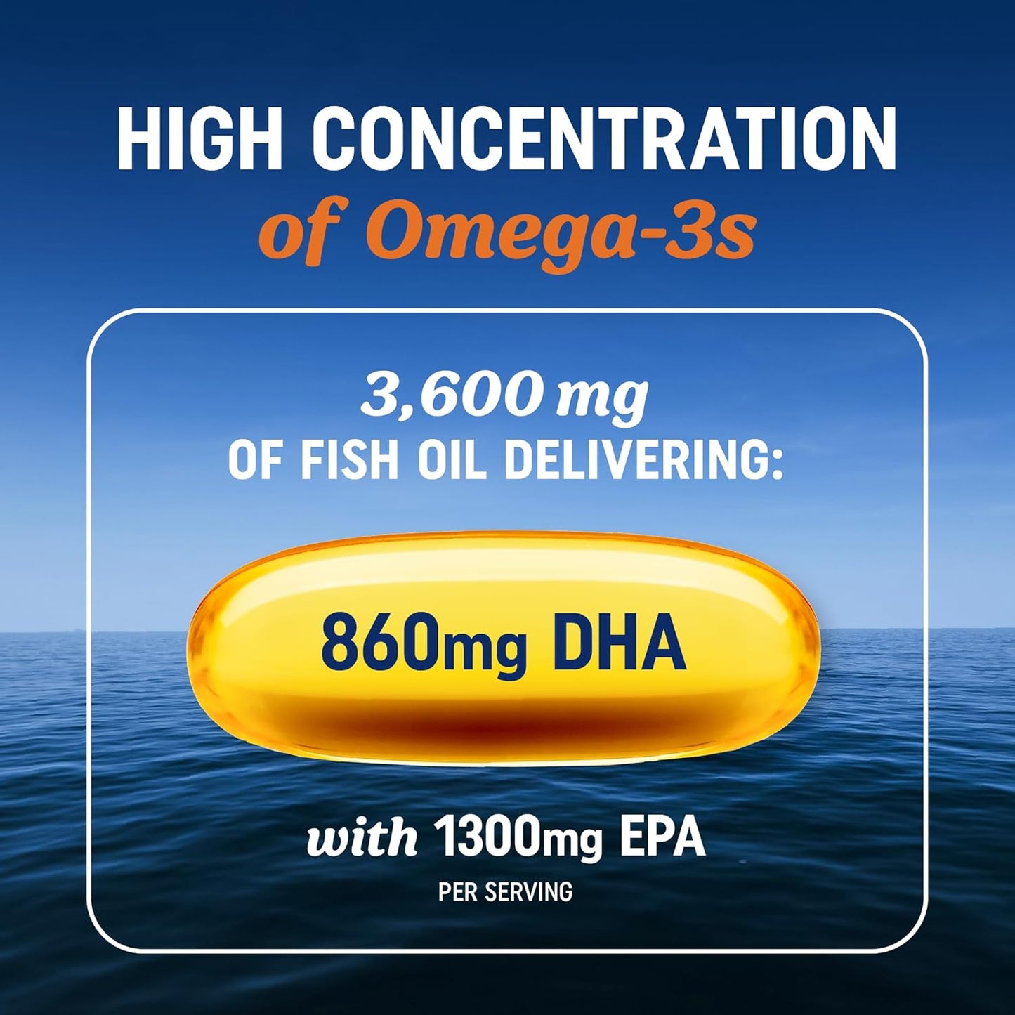 Triple Strength Omega 3 Fish Oil | 3600 mg EPA & DHA | Over 2100mg of Omega 3 Fatty Acids | 1300mg EPA + 860mg DHA | Best Essential Fatty Acids | Premium Burpless Softgel Supplements (120 Ct)