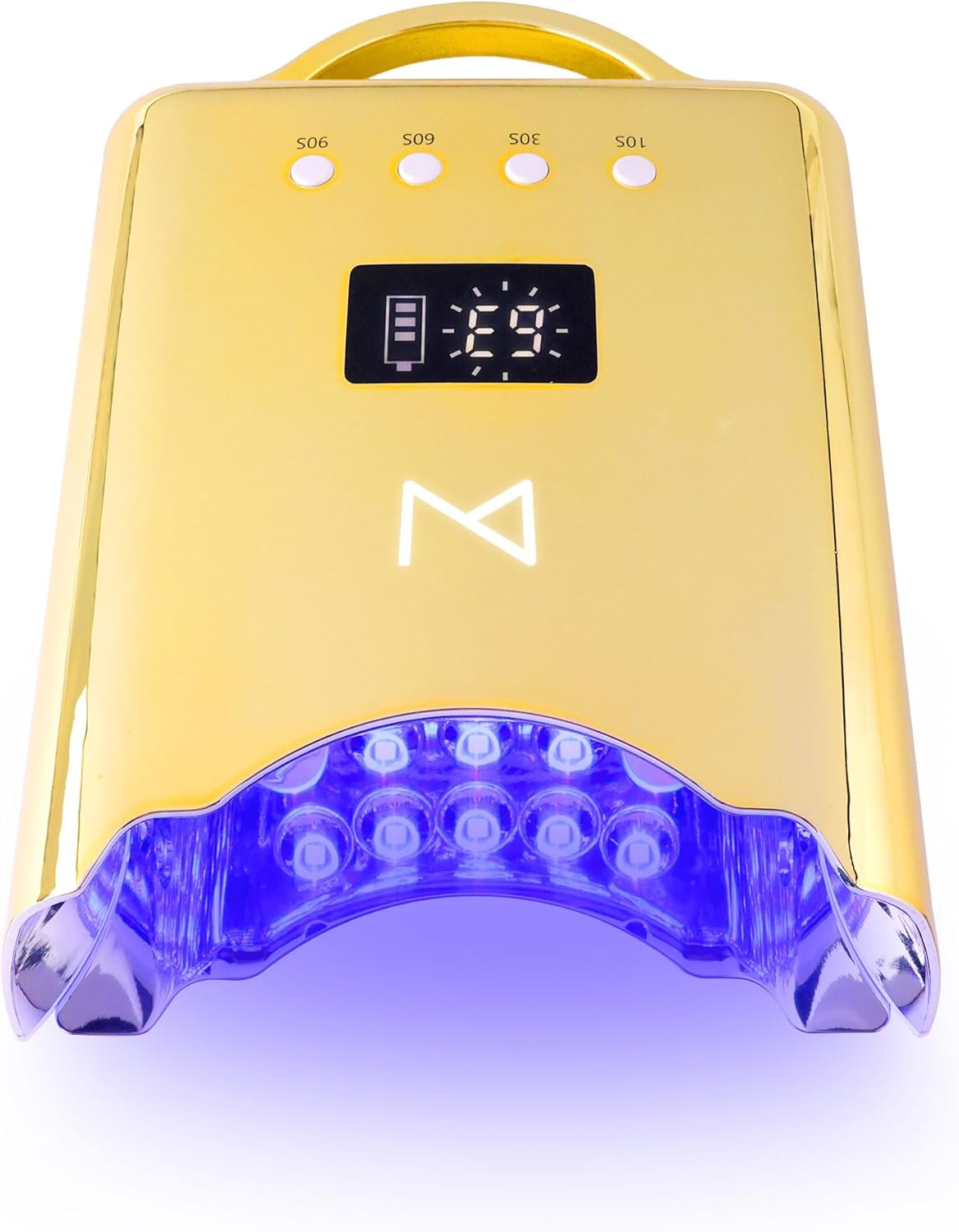 M - NEO Cordless & Rechargeable Nail Curing Lamp 78W with 4 LCD Time Display Timer, Auto Sensor, and Spacious Interior for All Hand Sizes and Nail Lengths (Gold)