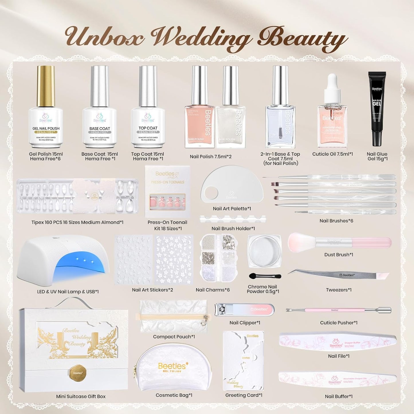 Beetles Wedding Gel Nail Polish Kit – Wedding Beauty 6 Colors Gel Polish, HEMA Free 15ml UV LED Soak Off Manicure with Base Coat Top Coat All in an Elegant Gift Box Nail Set for Bride