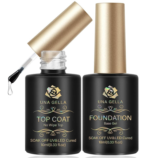 UNA GELLA Base Top Coat Set, 2PCS Gels Top Base Coat Gel Polish U V for Gel Nail Polish, Diamond Shiny, Protects Nails Healthy, Clear Base Coat & No Wipe Top Coat for DIY Nail Art Home
