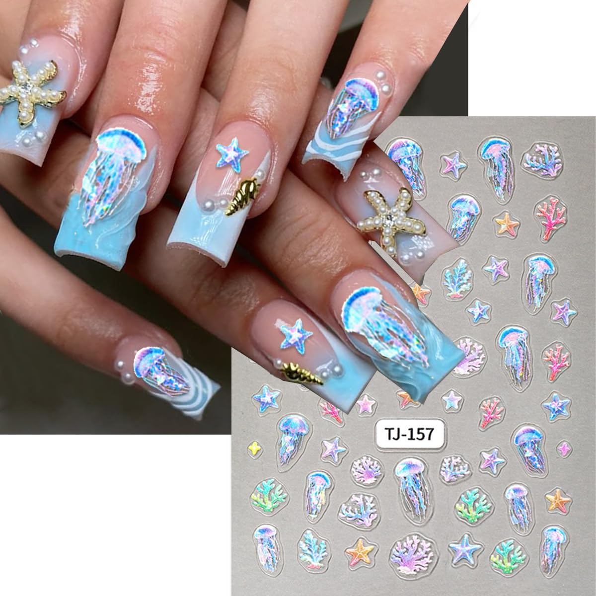 Shell Nail Stickers Jellyfish Nail Decals Starfish Nail Stickers for Nails Art Rainbow Conch Corals Design Summer Colorful Nails Art Sticker for Women Decoration Manicure Supplies 2 Sheet