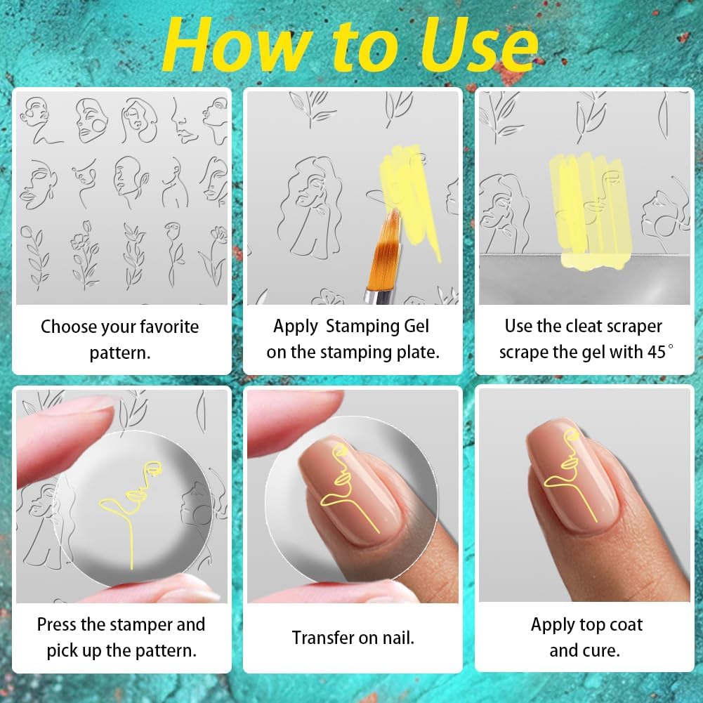 3Pcs Abstract Boho Nail Stamping Plate Set Nail Stamp Templates French Line Tip Lady Face Leaf Floral Metal Reusable Tools with Stamper Scraper for Manicure Printing