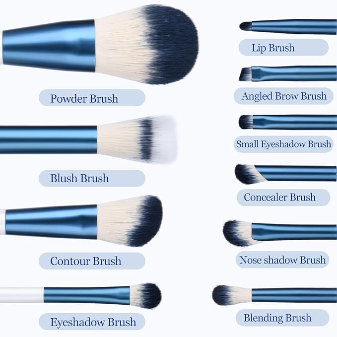 Makeup Brushes Set With Case 10Pcs White Makeup Brush Kit Foundation Eyeshadow Powder Blending Kabuki Eyebrow Eyelash Brushes Cosmetic Brush Travel Kit Gift (White+Blue)