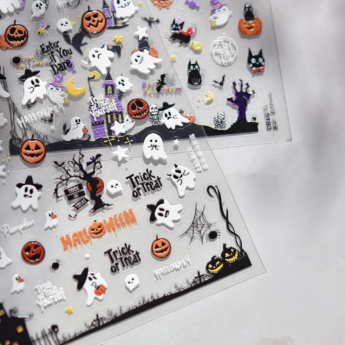 5D Embossed Halloween Nail Stickers Funny Cute Cat Self-Adhesive Nail Art Pegatinas Uñas with Skull Ghost Pumpkin Designs Halloween Nails Decals DIY Manicure Supplies for Women Nails Decoration 1Sheet