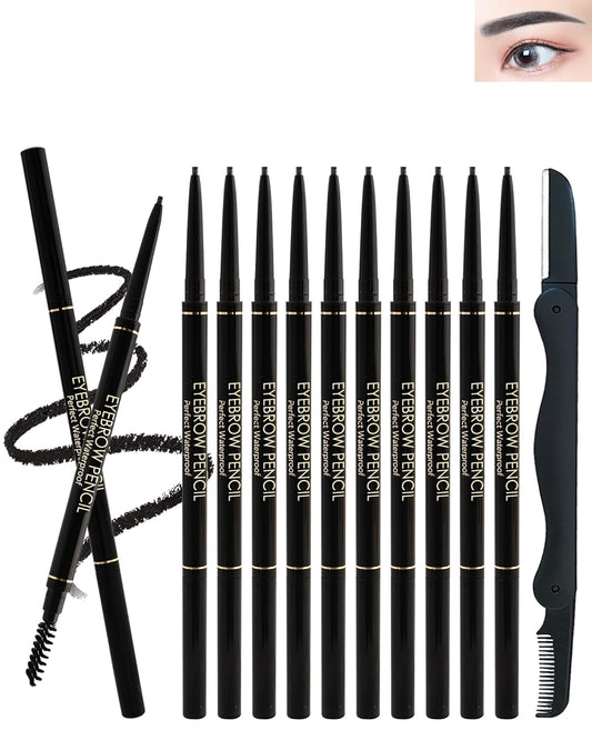 12 Pcs Waterproof Black Eyebrow Pencil Set, Professional Brow Micro Eyebrow Retractable Pencil, Ultra Fine Long Lasting for Eye Brows Women Eye Makeup Shaping & Filling Brow Gel Pen- 01