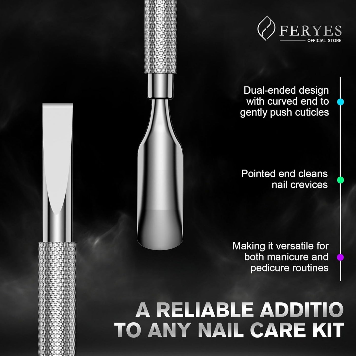 FERYES Professional Cuticle Pusher & Remover Tool - Stainless Steel Dual-Sided Nail Care Tool for Manicure & Pedicure - 5.2 Inch Salon & Home Use