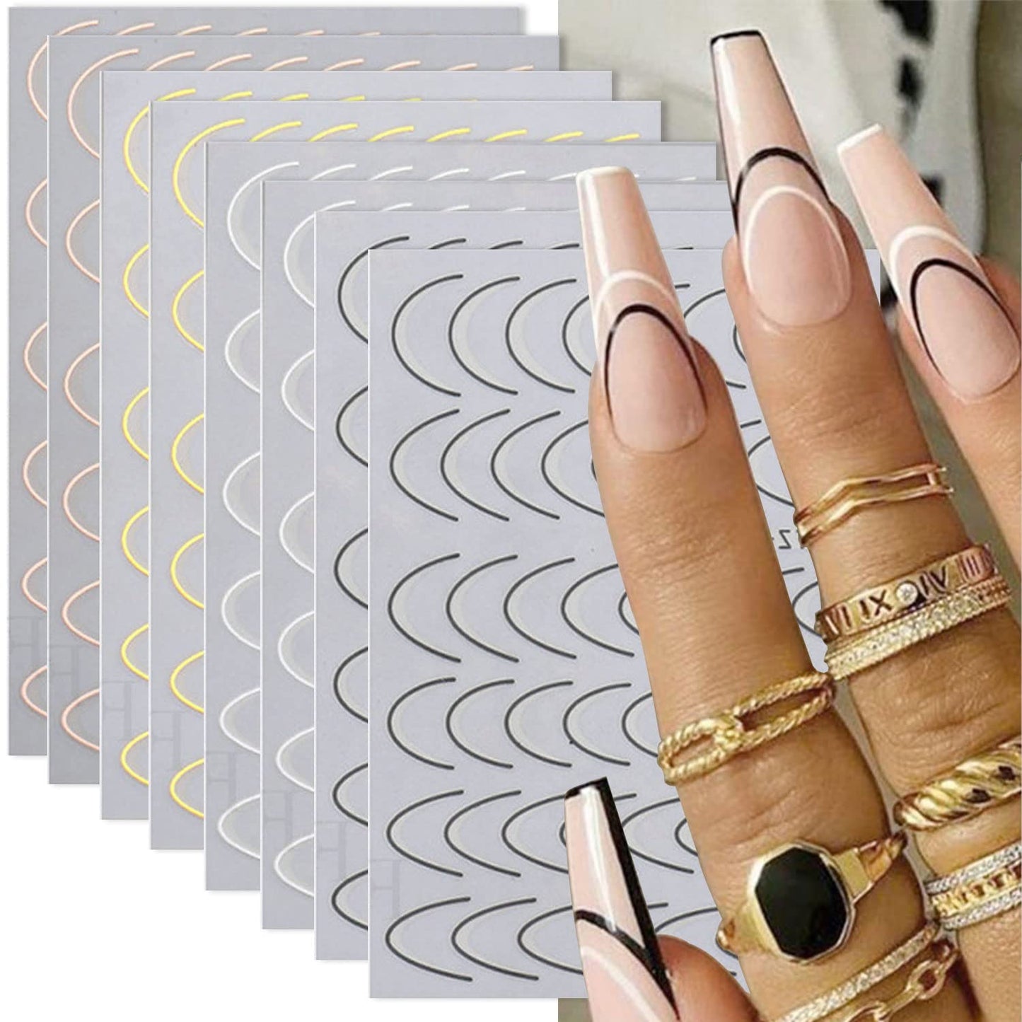 350+ Pcs French Tips Nail Stickers Decals, 8 Sheets Self-Adhesive Exquisite Noble Gold Silver Black Rose GoldFrench Manicure Nail Decals for Women Girls Beginners (U-Shaped)