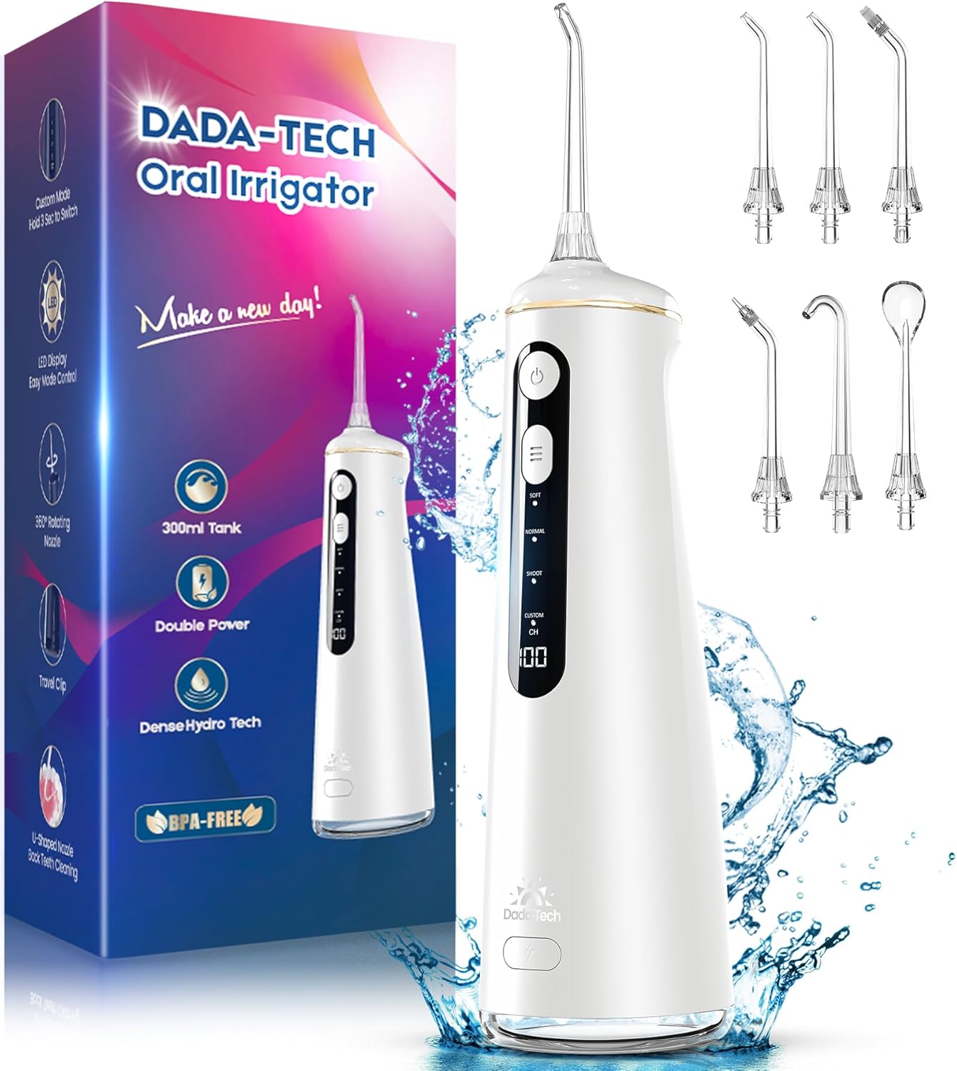 Water Flosser for Teeth, Cordless Oral Irrigator Portable Dental Cleaner Picks with 8 DIY Modes 7 Jets 300ml Tank Braces Flossers Rechargeable (White)