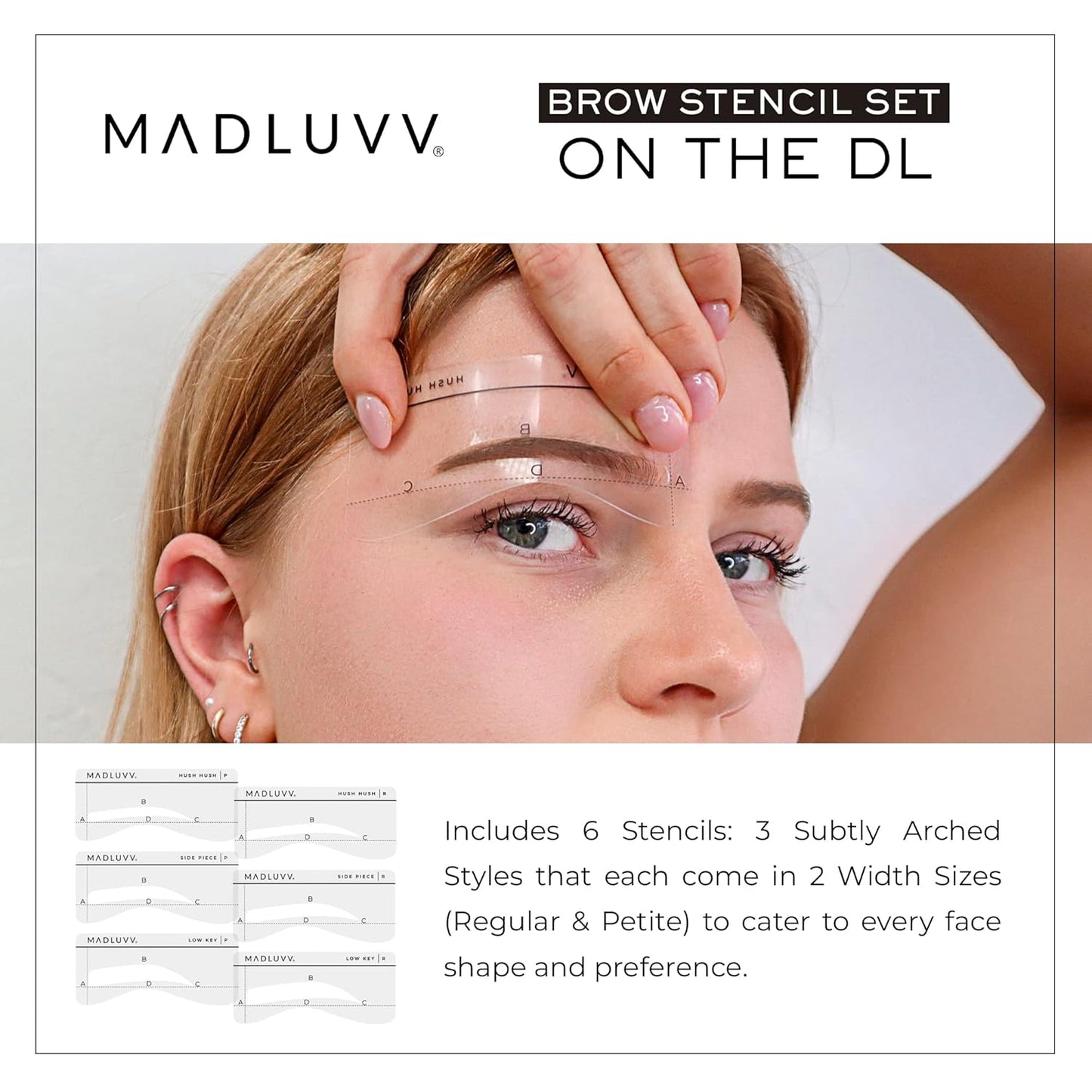 MADLUVV Eyebrow Shaper Stencils – 6 Reusable Stencils for Microblading, Brow Mapping & Shaping – Petite & Regular Sizes – for PMU & Semi-Permanent Makeup Artists – On The DL Set